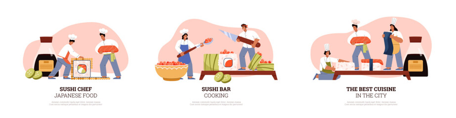 Set of scenes with working sushi chefs flat style, vector illustration