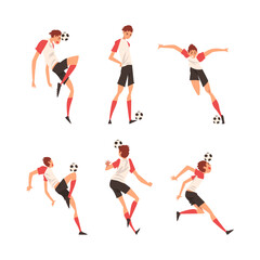 Soccer players in uniform in different action poses set. Male athletes jumping, running and kicking ball cartoon vector illustration