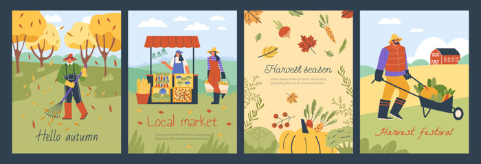 Autumn harvest posters set, flat vector illustration.