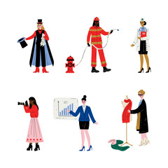 People of various professions set. Magician, firefighter, fireman, photographer, tailor, businesswoman cartoon vector illustration