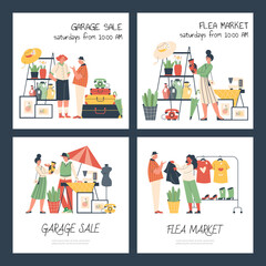 Flea market and garage sale banners or posters flat vector illustration.