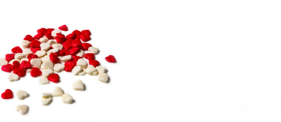 Banner of many small white and red hearts on a white isolated background. The concept of love and romance. Romantic background composition. Valentine's Day