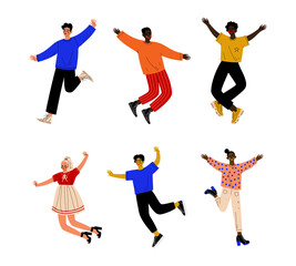 Happy multiracial people jumping in air set. Stylish girls and guys in trendy clothes celebrating success cartoon vector illustration