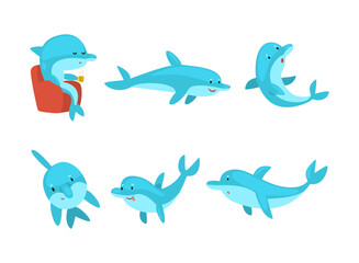 Cute funny bottlenose dolphin swimming and jumping set cartoon vector illustration