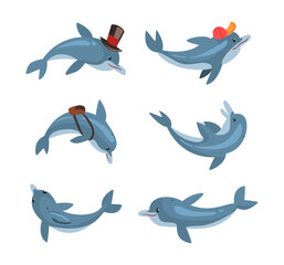 Cute funny dolphins swimming and jumping at entertainment show set cartoon vector illustration