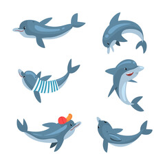 Cute funny dolphins swimming and jumping set cartoon vector illustration