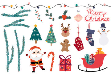 Merry Christmas and Happy New Year Items. Cute Seasonal Elements. Colorful Illustration in flat Cartoon isolated on White Background. Santa Claus, Ginger Bread, and a lot of Holiday Symbols.