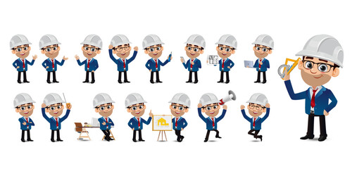 Set of flat engineer with different poses
