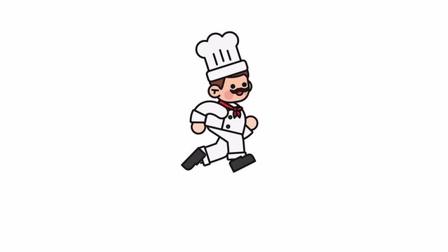 cartoon character chef in white uniform and baker hat run. Funny running action cook-man animation.

