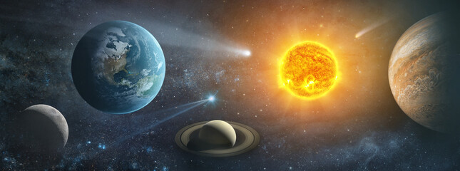 Sun, planet Earth , galaxies, stars, comet, asteroid, meteorite, nebula. Space panorama of the...