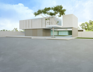 House with empty concrete floor for car park. 3d rendering of big tree in modern home.