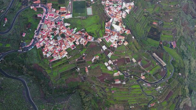 Aerial view of mountain village Agulo around Mirador de Abrante on La Gomera island. Beautiful village on island