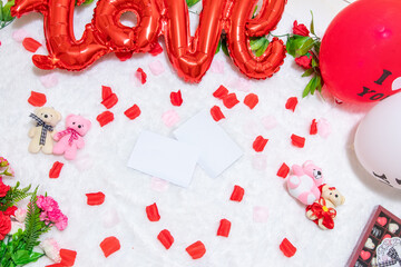 Rectangle greeting cards surrounded by colorful decoration with valentine themed