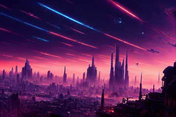 Fototapeta na wymiar Beautiful anime Coruscant city Painting, Fantasy, Star Wars