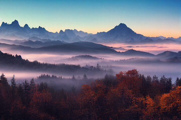 Naklejka na ściany i meble fantastic wonderland landscape Milky Way above mountains in fog at night in autumn