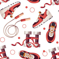 Seamless pattern with skipping rope, sneakers, dumbbells.