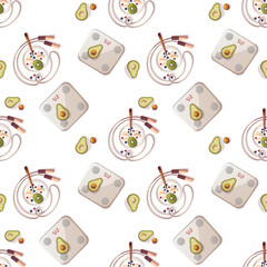 Seamless pattern with skipping rope, scales, avocado, healthy breakfast.