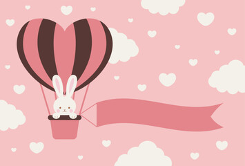 Fototapeta premium valentine’s day vector background with a rabbit in a heart hot-air balloon in the sky for banners, cards, flyers, social media wallpapers, etc.