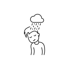 Depression, neurosis, emotional burnout, sad man with rain sign. Negative emotion. Post-covid syndrome. Thin line icon. Vector illustration.
