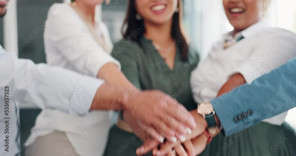 Canvas Prints Team, hands together and business support in office for teamwork collaboration, partnership motivation and mission goals success. Business people, diversity happiness and team building for solidarity