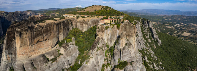 Aerial view of the monastery and city Meteora, Kalabaka, Monastère on a sunny day in autumn in Greece	
