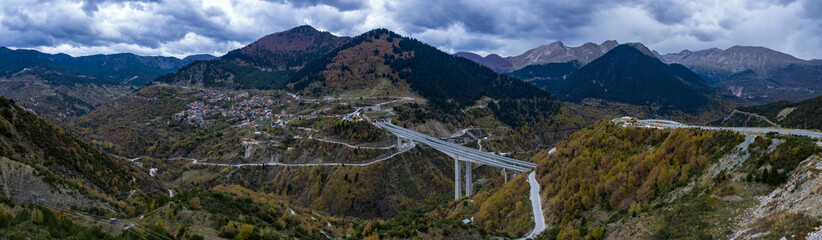 Aerial view of the mountain village Metsovo in Greece on aglaudy afternoon in autumn	