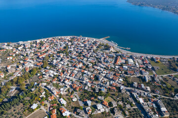 Aerial view of the village Agios Konstantinos in Greece on a sunny day.