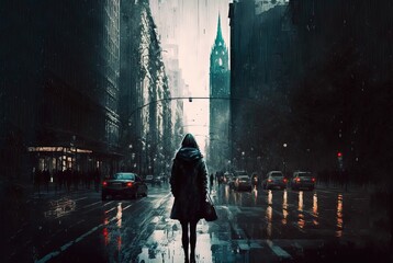 illustration of a woman walking in rain wearing raincoat, idea for world weather, climate change,