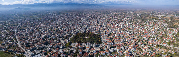 Aerial view of the city Karditsa in Greece on a cloudy day in afternoon
