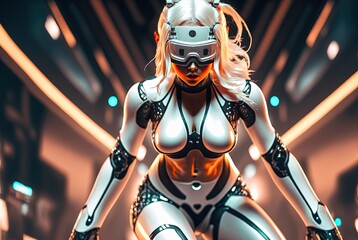 illustration of female cyborg or robot is wearing VR  headset with cyber theme background	
