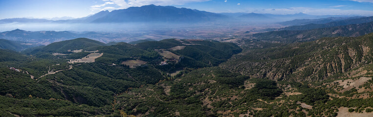 Ariel view around the mountains in north Greece on a sunny day in autumn