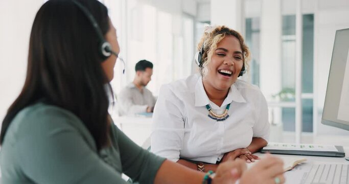 Business women, high five or success on call center computer or laptop in b2b sales, telemarketing winner or customer support help. Smile, happy or teamwork receptionists on technology crm consulting