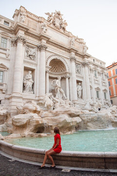 Tourist at Trevi Fountain in Rome Italy Fontana di Trevi Roma