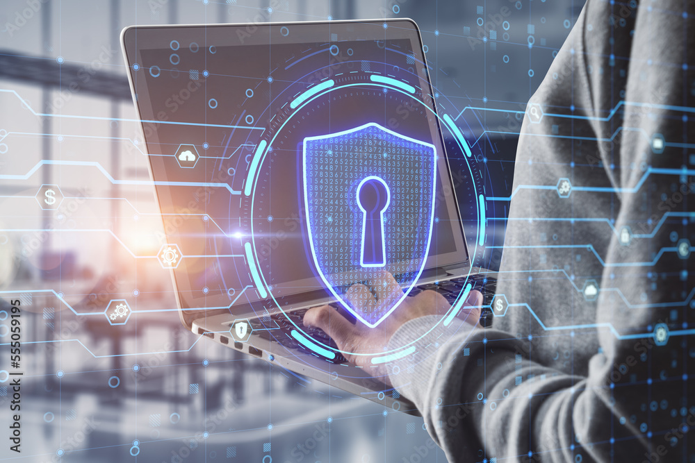 Aufkleber Close up of hacker hands using laptop computer with glowing circuit padlock sign on blurry office interior background. Safety, secure and online prtection concept. Double exposure.