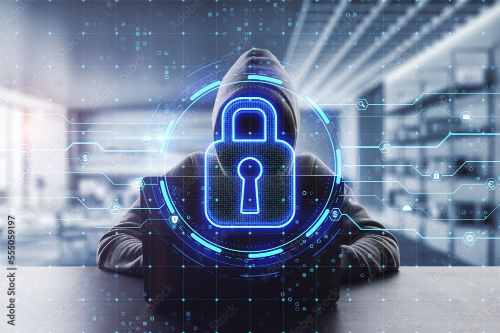 Poster Hacker using laptop computer at desktop with glowing circuit padlock sign on blurry office interior background. Safety, secure, hacking and online prtection concept. Double exposure.