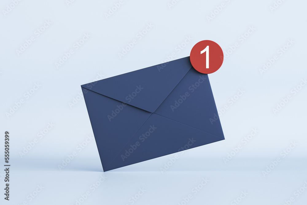 Fototapete Newsletter or message concept with front view on dark blue email paper envelope with white unit in red circle on the corner on light background. 3D rendering