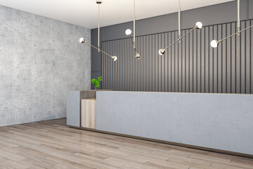 Perspective view on long empty blank concrete reception desk with space for your logo or text in stylish sunlit office area with wooden floor and grey slatted wall background. 3D rendering, mockup - obrazy, fototapety, plakaty
