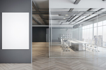 Blank white poster on grey wall in modern interior office hall with conference room behind glass partitions, dark walls background, wooden floor and city view from window. 3D rendering, mock up