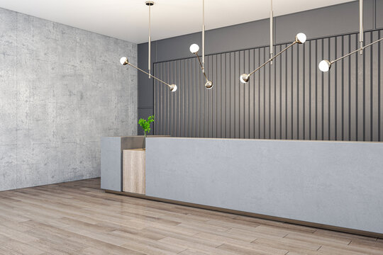 Perspective view on long empty blank concrete reception desk with space for your logo or text in stylish sunlit office area with wooden floor and grey slatted wall background. 3D rendering, mockup