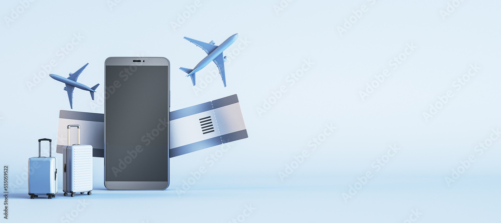 Poster Abstract online tour booking concept. Empty mock up smartphone screen with abstract suitcases, airplanes and tickets on blue background. 3D Rendering.