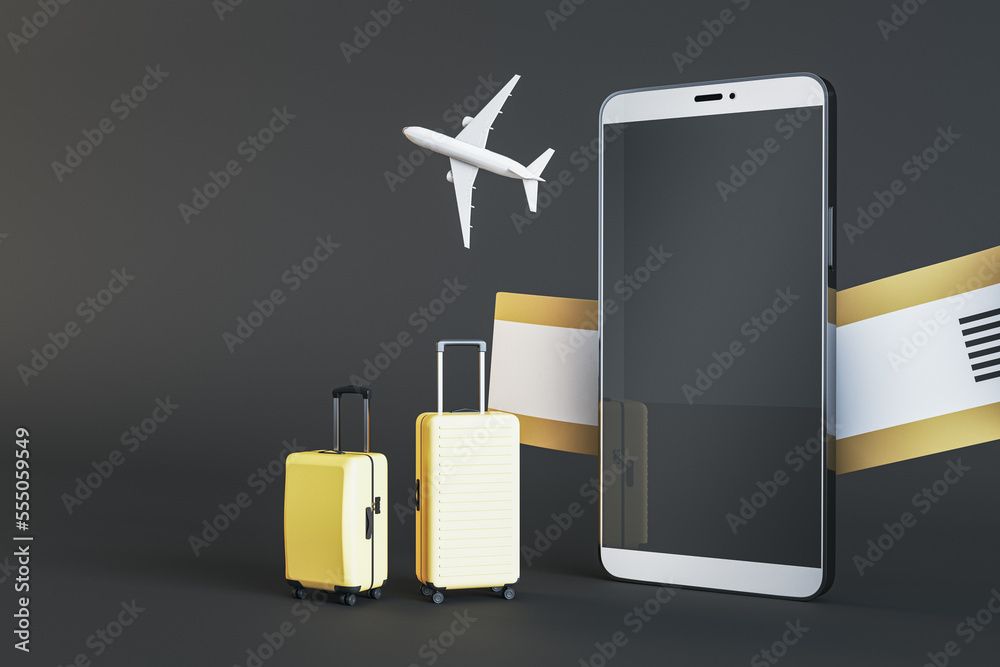 Poster creative online tour booking concept. empty mock up mobile phone screen with abstract suitcases, air