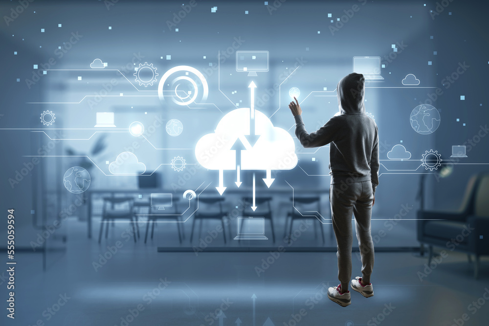 Aufkleber Hacker using digital cloud computing hologram on blurry office interior background. Cloud data, server, service and hosting concept. Double exposure.