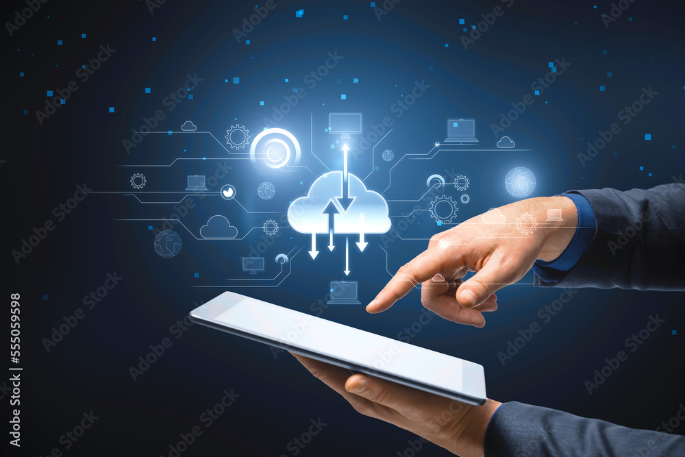 Aufkleber close up of male hand pointin at digital cloud computing hologram on blurry background. cloud data, 