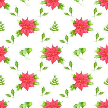 Hand drawn watercolor christmas poinsettia seamless pattern on white background. Christmass and New Year symbol, decorative element. Scrapbook, poster, textile, banner, post card.