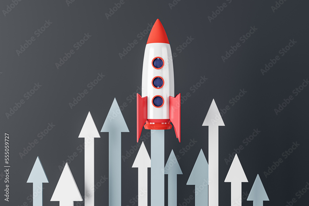 Poster Launching rocket with arrows on black background. Start up and new beginning concept. 3D Rendering.