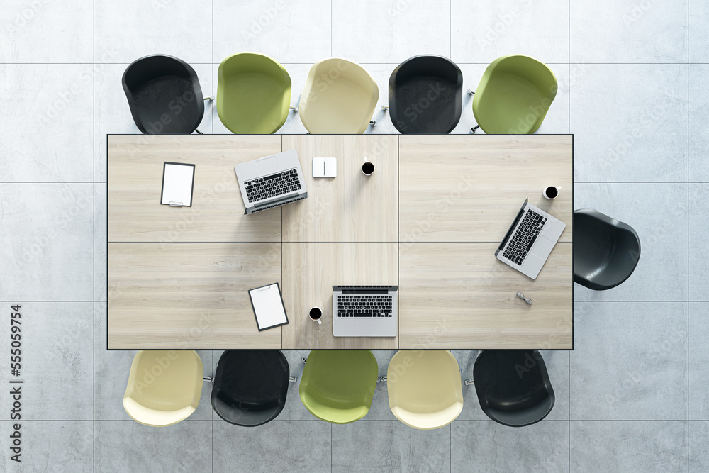 Poster teamwork and brainstorm concept with top view on wooden conference table with laptops and coffee mug