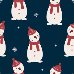 Vector seamless pattern with snowman, snow. Winter simple, stylish Scandinavian repeat texture for wrapping, web page background, Christmas, New Year greeting card, fabrics, home decor, scrapbooking