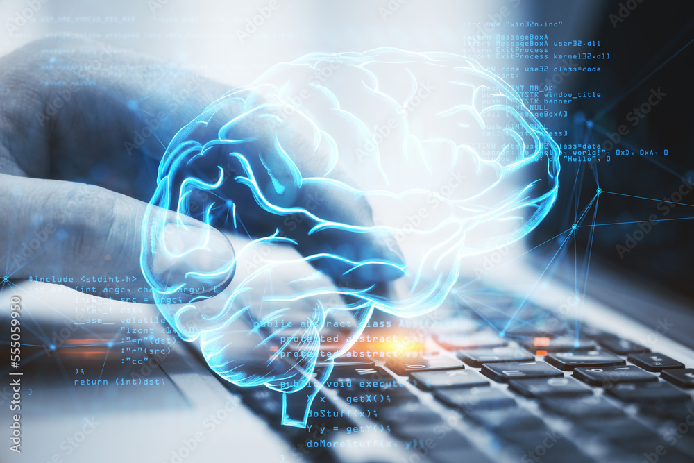 Poster Artificial intelligence and brainstorming idea concept with digital blue human brain with coding on man fingers typing on laptop keyboard background, double exposure