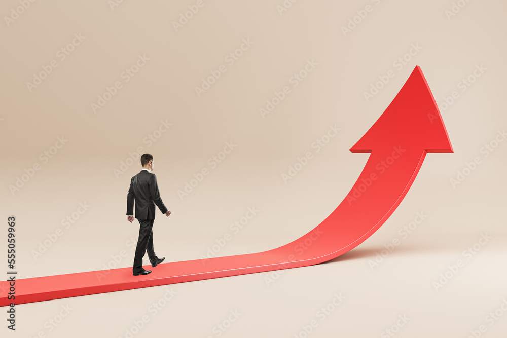 Poster business success, growth and personal development concept with businessman back view walking on red 