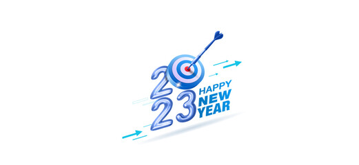 Plakat Happy new year 2023 goal target concept. Creative thinking of strategy and plan. Darts and bullseye Target with arrow modern template illustration.